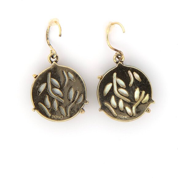 Monet Green Mother of Pearl Dangle Earrings | Gold Tone Leaf Design  | Signed - Picture 2 of 7
